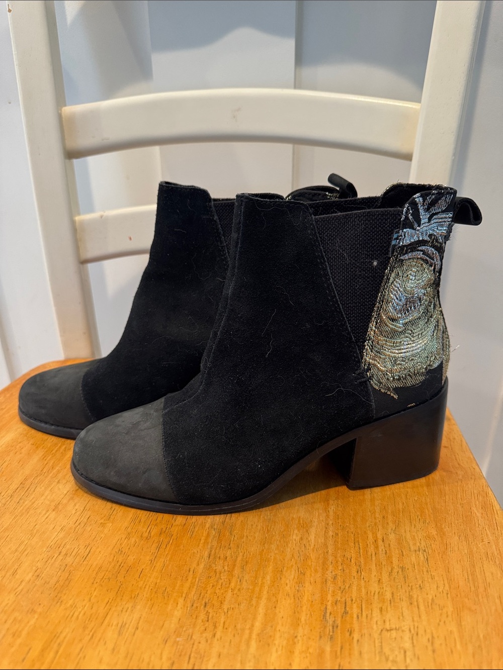 Toms Black Suede Chelsea Ankle Boots with Metallic Floral Embroidery